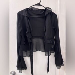 American Eagle Outfitters Black Sheer Ruffle Tie-Front Blouse